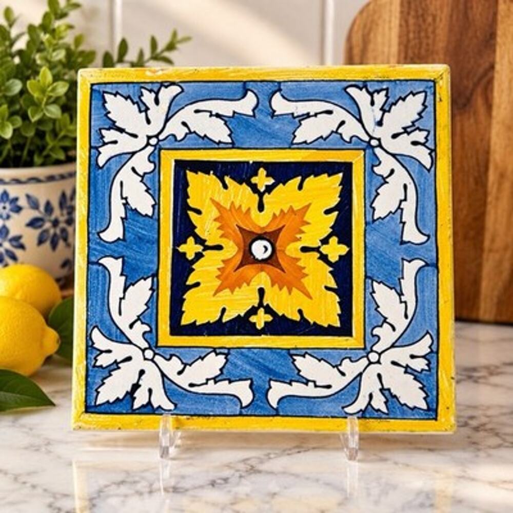 Vintage Made in Spain Ceramic Tile Trivet 8” Blue Yellow Floral Cork Back